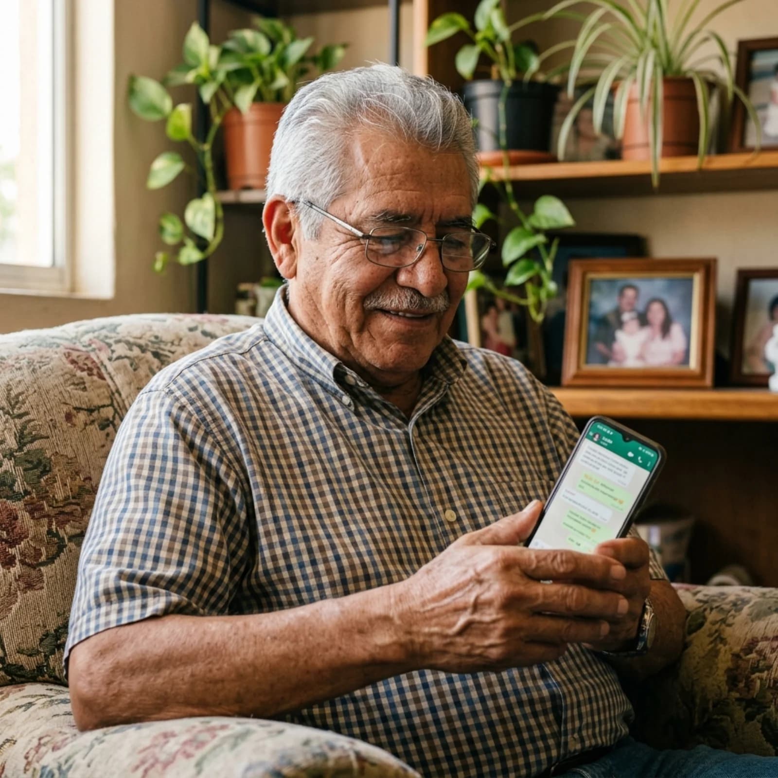 Adulto mayor mexicano sosteniendo un smartphone con WhatsApp abierto.