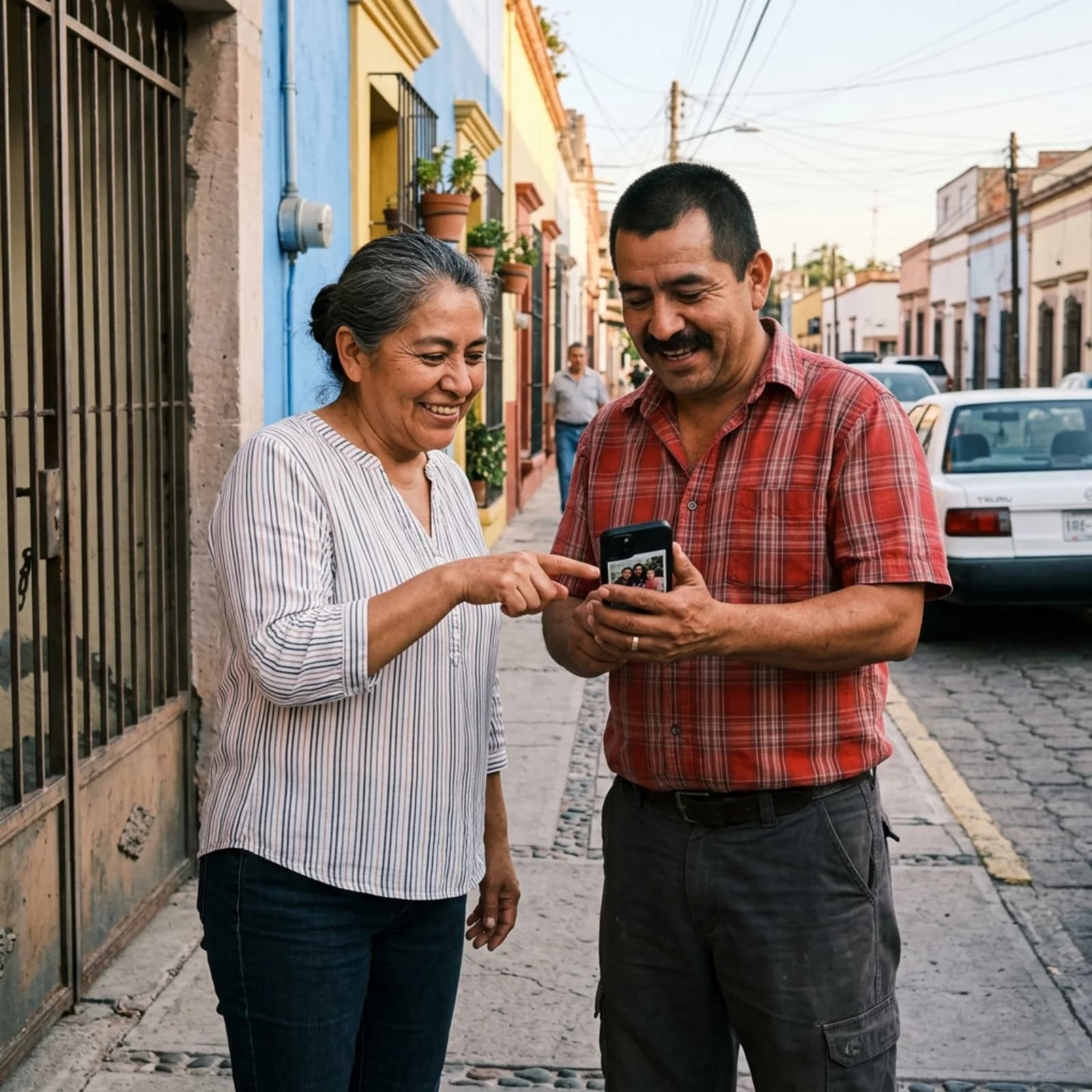 Dos ciudadanos mexicanos conversando con un celular en la mano frente a una calle residencial de Durango.