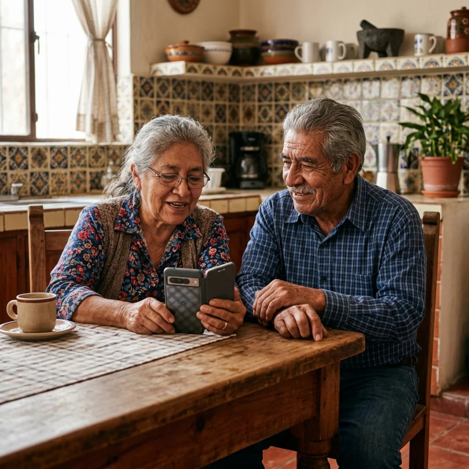 Pareja de adultos mayores mexicanos viendo un smartphone juntos en la cocina de su casa.