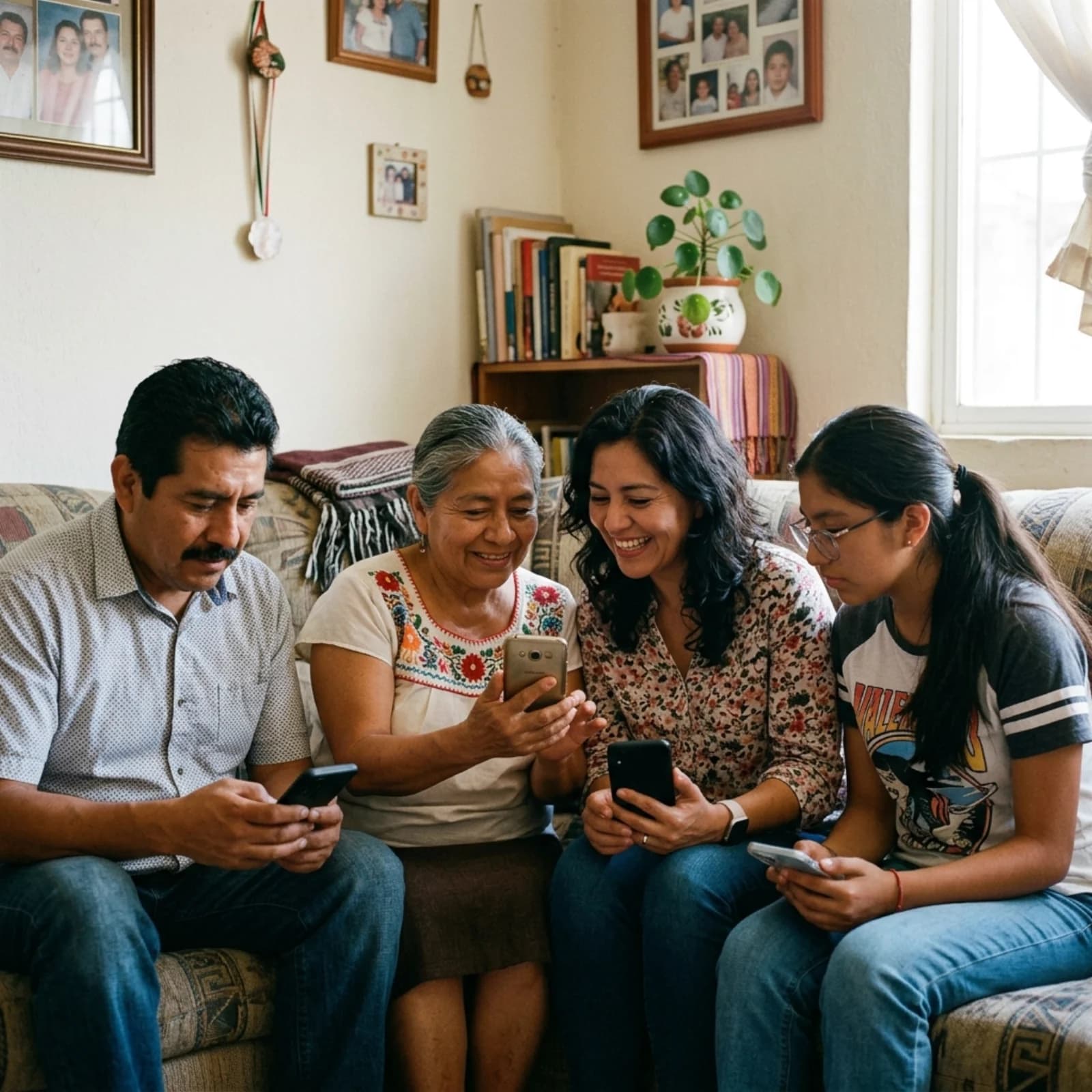 Familia mexicana multigeneracional sentada en la sala compartiendo el teléfono.