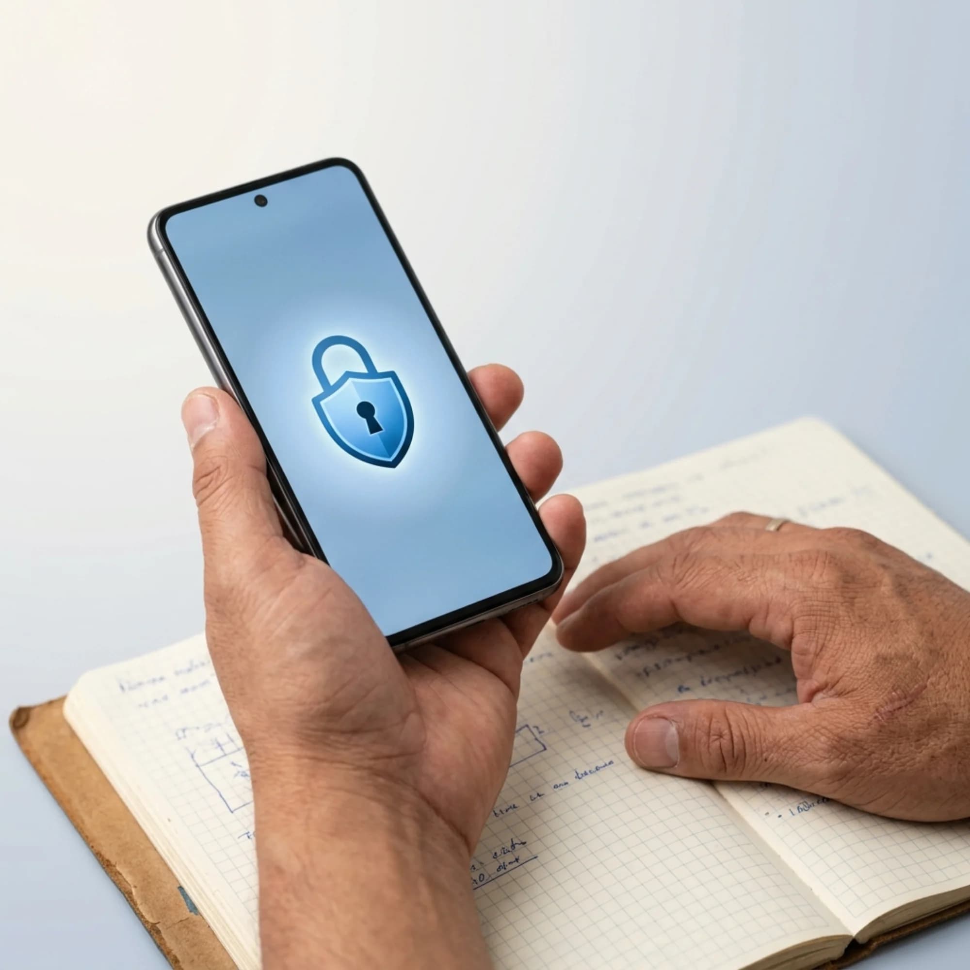 Manos sosteniendo un smartphone con un ícono de candado azul en la pantalla.