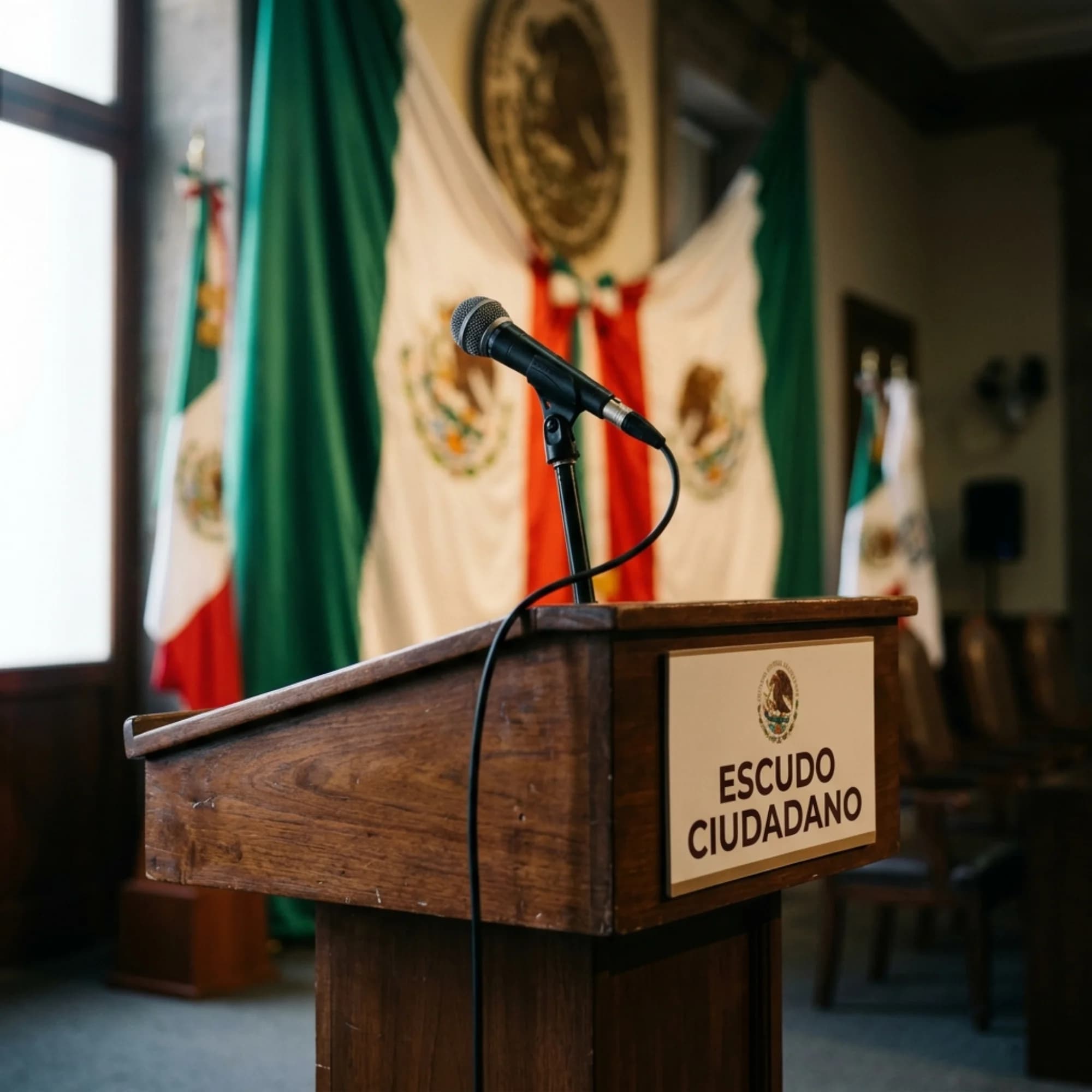 Atril de conferencia de prensa con la placa Escudo Vecinal.