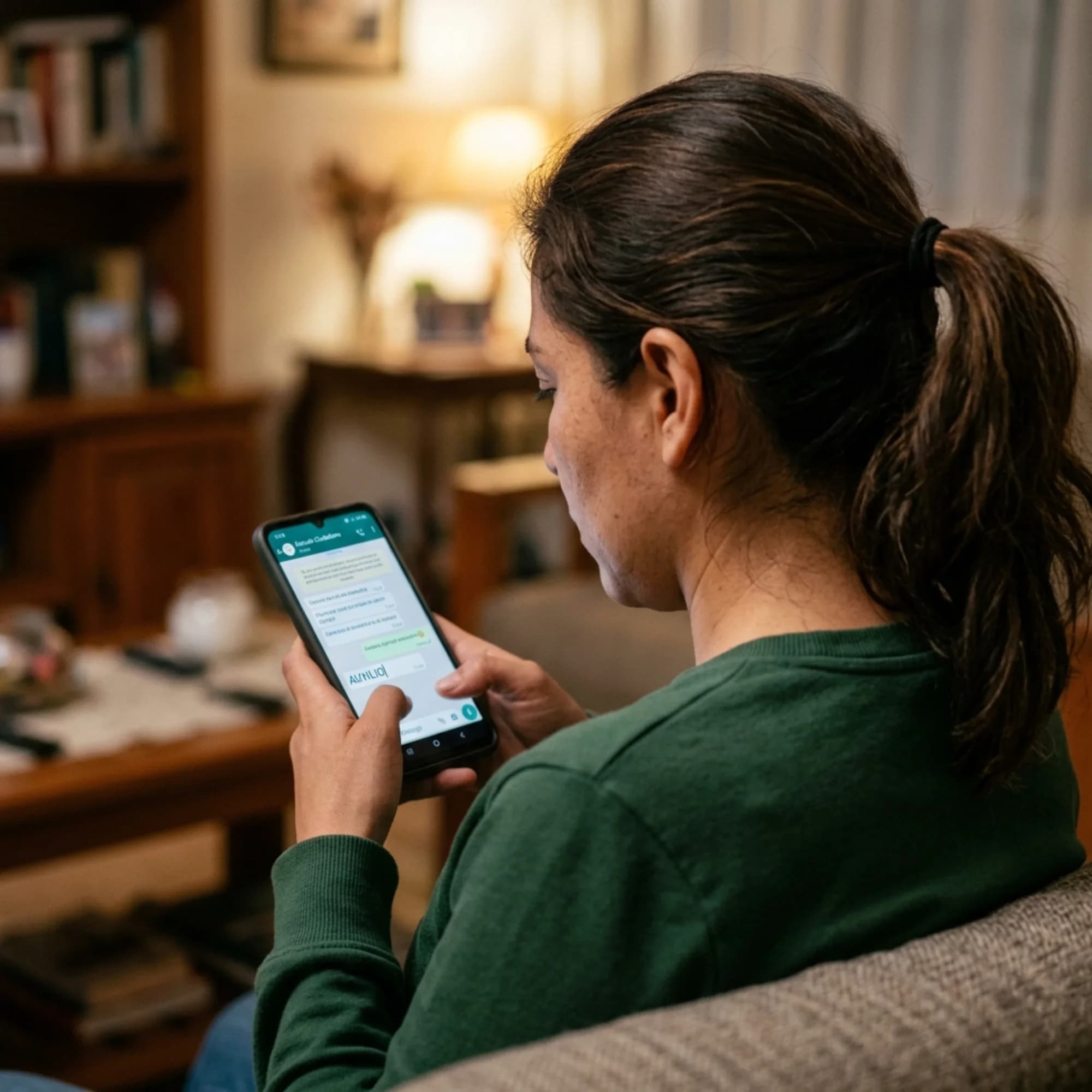 Persona joven mexicana escribiendo en WhatsApp el mensaje AUXILIO.