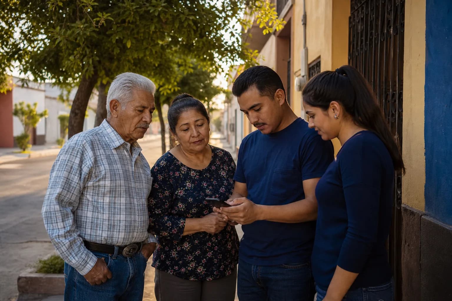 Cuatro vecinos mexicanos de distintas edades coordinan apoyo desde un celular en una calle de Durango